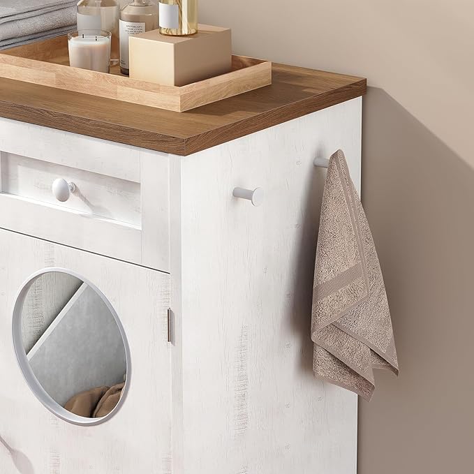 HOOBRO Double Laundry Hamper Cabinet, Hidden Laundry Cabinet with 2 Drawers & 2 Baskets, 20 Gallon Farmhouse Bathroom Laundry Hamper with 2 Clothes-Toss Holes, White and Dark Walnut WHZ36XY01 - Image 7