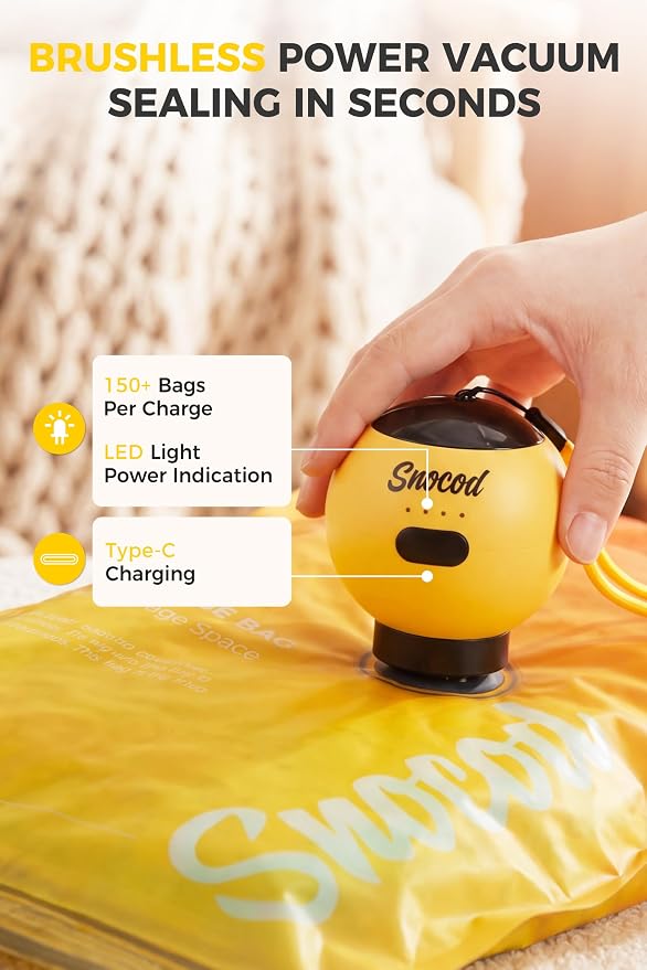 Travel Vacuum Bags with Pump, 15 Pack Vacuum Storage Bags for Clothing, Brushless Motor Type-C Rechargeable Pump, Compression Packing Bags for Travel, Suitcase, Closet and Home Storage, Yellow - Image 8
