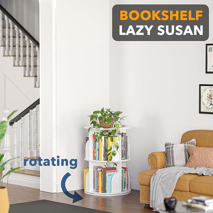 SpaceAid 2 Tier Rotating Bookshelf Tower, Spinning Bookcase Lazy Susan, Revolving 360 Book Shelf Storage Round Carousel, Vertical Rotate Turning Spiral Corner Organizer, White - Image 4