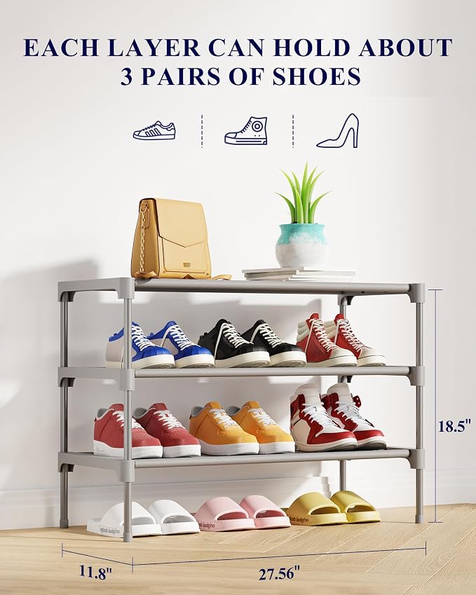 Kitsure Shoe Rack - Non-Woven Shoe Rack Shelf, Shoe Organizer for Closet, Entryway, Garage & Corridor, Stackable Shoe Shelves, 27.5" Wide - 3 Tier, Grey | Shoe Organizer for Closet, Entryway, Garage, Stackable Shoe Shelves, college dorm&apartment essen... - Image 3