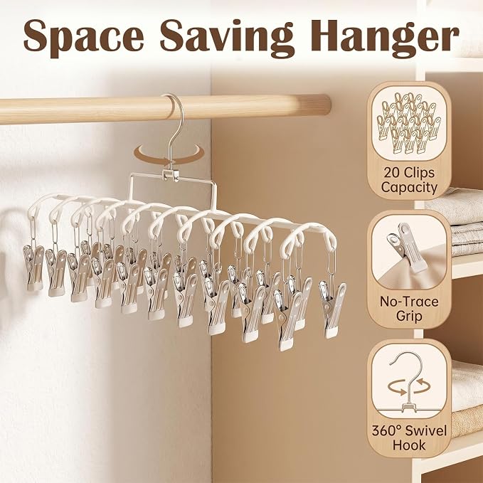 Pants Hangers with 20 Clips, Space Saving Hanging Closet Organizer (Beige) - Image 4