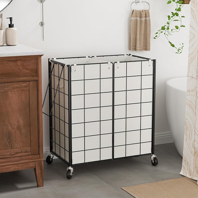WOWLIVE Double Laundry Hamper with Wheels, Metal Rolling Laundry Basket - Image 2