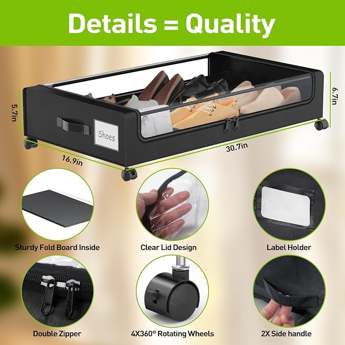 APSARAS USA Under Bed Storage with Wheels, Underbed Storage with Wheels and Clear Window, Rolling Drawers & Bins for Shoes Clothes in Dorm Bedroom, Easy Pull-out Black 2-Pack- Space-Saving - Image 2