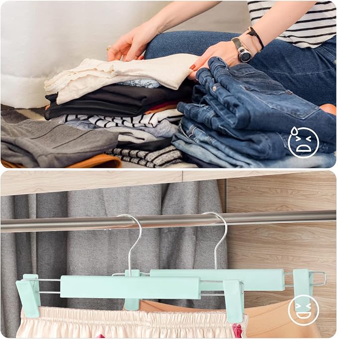 GUANJUNE Clothes Pants Hangers, Space-Saving Skirt Holders with 360 ° Swivel Hooks, Adjustable Clips, Trouser Hangers, Clothes Coat Garment Jeans Hangers (20 Pack, Green) - Image 5