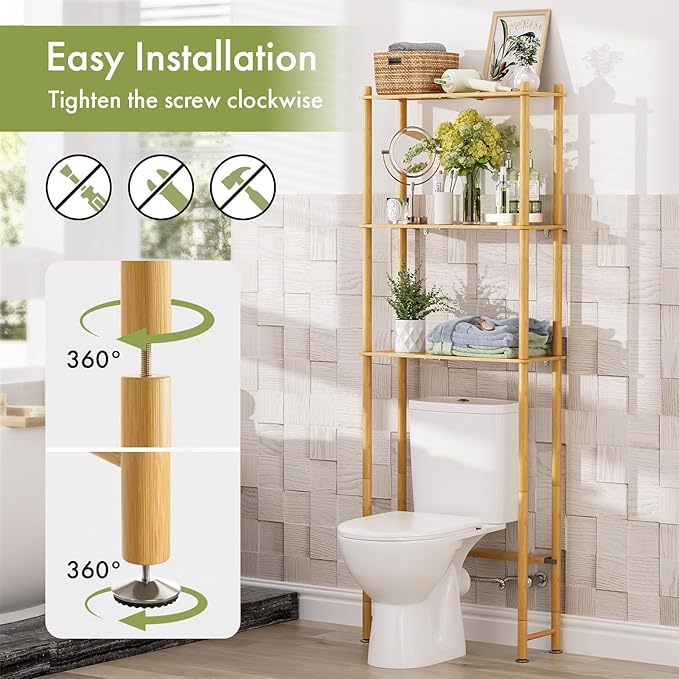 AmazerBath Bamboo Over The Toilet Storage Shelf, 3-Tier Bathroom Over Toilet Organizer Rack, Freestanding Above Toilet Shelf for Bathroom, Laundry, Space Saver, Natural Color - Image 6