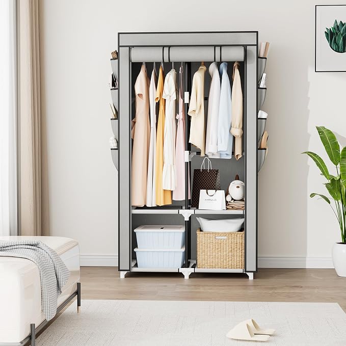 Portable Closet for Hanging Clothes, Portable Wardrobe Closet with Cover, 4 Storage Shelves, 2 Hanging Rods and 8 Side Pockets, Easy Assembly and Sturdy Free Standing Closet for Bedroom, Grey - Image 2