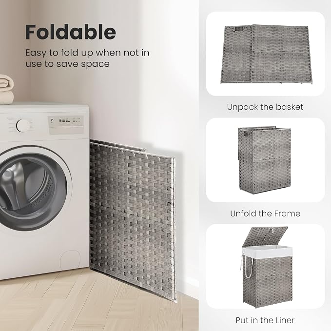 DUMOS Woven Laundry Basket with Lid, 90L Large Capacity Hamper, Removable & Machine-Washable Liner, Foldable Rattan Clothes Hamper, Sturdy Steel Frame, Odor Control, Dove Gray - Image 7