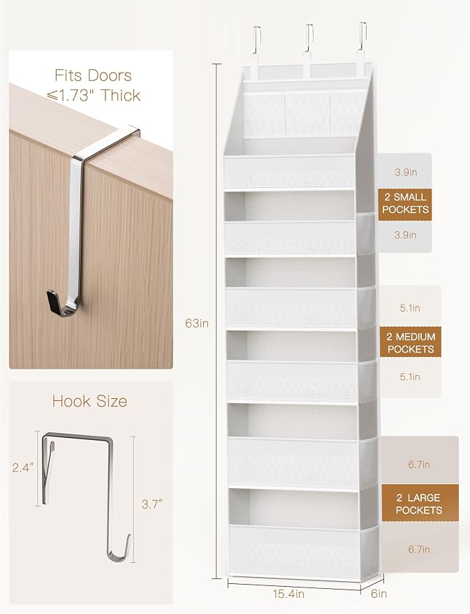 Criusia Over the Door Organizer, Heavy-Duty 6-Shelf Hanging Storage with 13 Mesh Pockets, 55lbs Capacity Behind the Door Storage for Nursery, Bathroom, Bedroom, and Dorm, White - Image 6