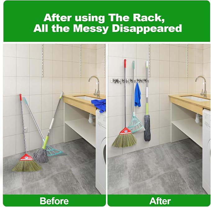 voze 3 Racks and 4 Hooks Mop and Broom Holder Wall Mount, Self Adhesive Heavy Duty Broom Organizer Storage Tool Racks for Kitchen Garden Laundry Garage - Image 4