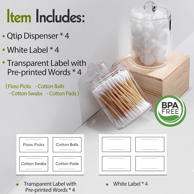 4 Pack Acrylic Qtip Holder Dispenser for Cotton Swabs, Balls, Floss Picks - Image 2