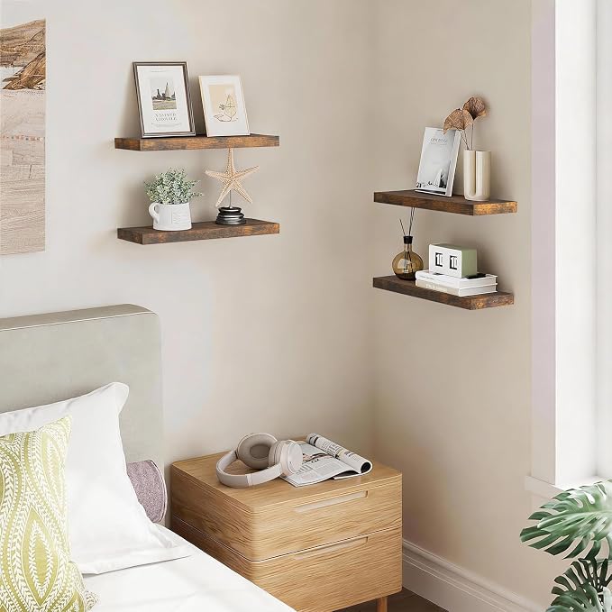 BAYKA Rustic Brown Floating Shelves 15.7in, Set of 4, Wall Mount Wood Shelf - Image 5