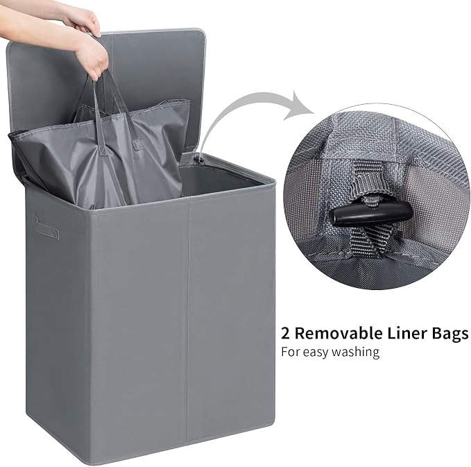 WOWLIVE 154L Double Laundry Hamper 2 Section with Lid and Removable Bags - Image 4