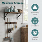 Broom and Mop Organizer Wall Hanging with Cleaning Supplies Organizer Shelf Rustic Farmhouse Wood Broom Mop Holder Storage Rack for Laundry Room Garage (1, Brown) - Image 3