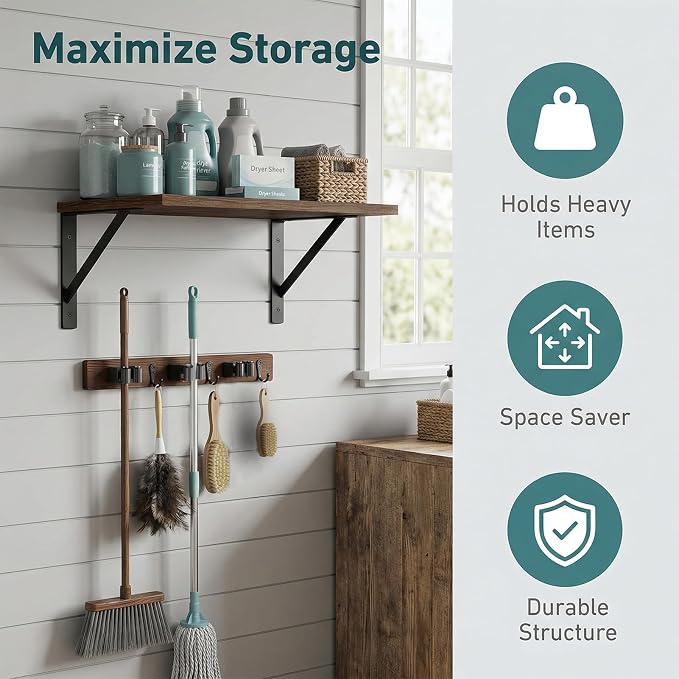 Broom and Mop Organizer Wall Hanging with Cleaning Supplies Organizer Shelf Rustic Farmhouse Wood Broom Mop Holder Storage Rack for Laundry Room Garage (1, Brown) - Image 3
