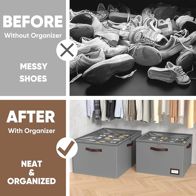 OIAHOMY 2 Pack Shoe Organizer for Closet, Large Foldable Shoe Storage Bins with Dividers and Reinforced Handles, Each Clear Cover Sneaker Box Fits Up to 16 Pairs for Entryway and Bedroom, Grey - Image 7