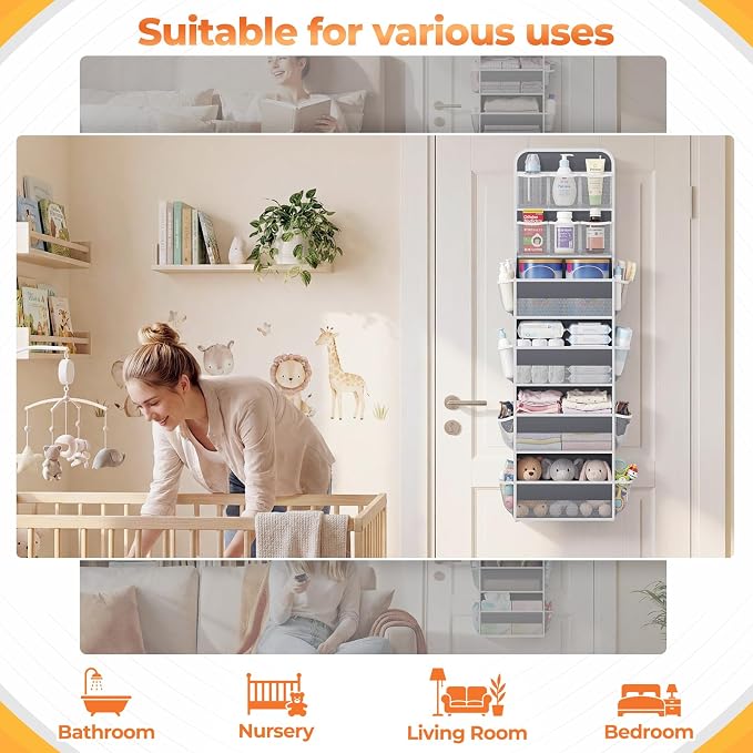 SpaceHacks 6-Tier Over the Door Organizer with Mesh Pockets, Baby Nursery Storage for Closet, Bathroom and Bedroom, Adjustable Hanging Closet Organizer for Cosmetics, Books and Essentials (Dark Grey) - Image 7