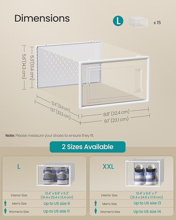 SONGMICS Shoe Boxes, Clear Plastic Sneaker Box, Pack of 15 | Stackable Shoe Storage Organizers, for Closet, 13.1 x 9.1 x 5.6 Inches, Transparent and White, DENNYS Collection ULSP015W02 - Image 5