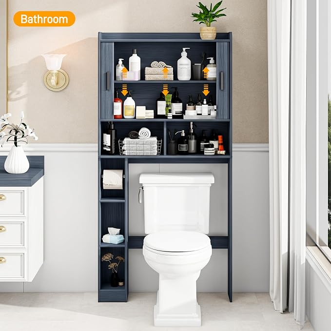 Vabches Over The Toilet Storage Cabinet with 2 Tambour Sliding Doors, Blue - Image 5