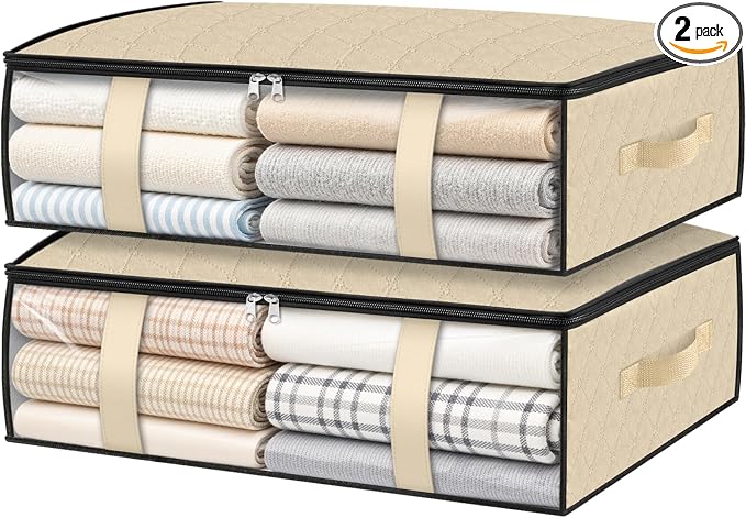 StorageRight Under Bed Storage Bags, 2 Pack, 40L, Beige | Breathable Non-Woven Fabric with a Clear Window and Zippered Top for Clothes, Comforters, Blankets and Seasonal Storage by StorageRight