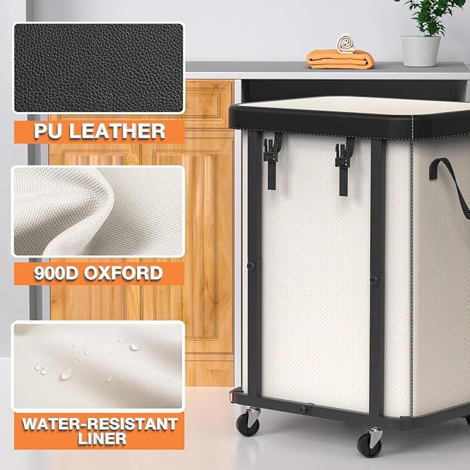 Laundry Basket with Wheels,150L Leather Patchwork Rolling Hamper Carts - Image 2