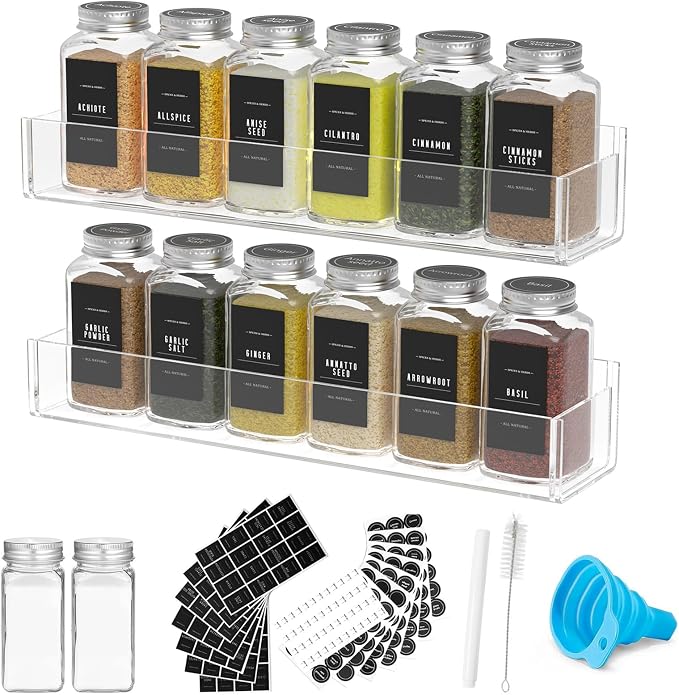 PMMASTO 2-Pack Clear Acrylic Self-Adhesive Spice Racks with 12 Empty Jars by PMMASTO
