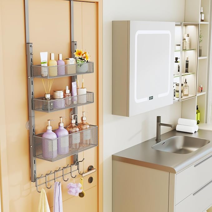 Consumest Over The Door Hooks Organizer - 4 Tier Door Coat Rack with 3 Baskets & 12 Hooks, Stainless Steel Towel Hanger for Bedroom, Bathroom, Living Room, Silver - Image 8