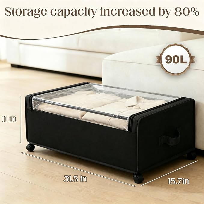 Under Bed Storage with Wheels, 2 Pack Under Bed Storage Containers, 10.6 inches Tall Underbed storage bins on Wheels, Rolling Under the Bed Metal Drawers for Clothes, Blankets, Shoes (XXXL, 90L) - Image 2