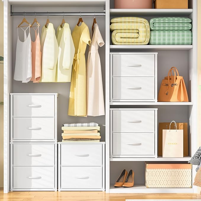 DAOUTIME 2-Pack Stackable Storage Drawers (4 Drawers Total), White Closet Organizer with Wooden Top & Metal Frame, Freestanding or Stackable Dresser for Bedroom, Living Room, Under Bed - Image 2