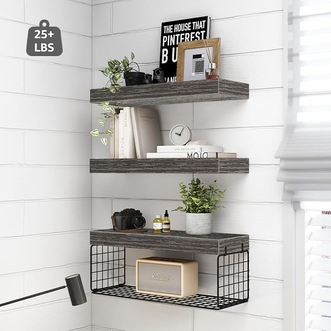 QEEIG Bathroom Shelves Over Toilet - Wall Mounted Floating Shelves Toilet Paper Storage Small Farmhouse Decor Shelf 16 inch Set of 3, Grey (019-GY3) - Image 4