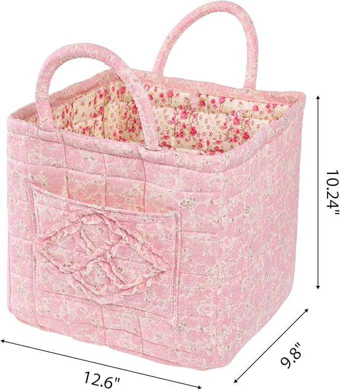 Quilted Fabric Car Storage Basket with Handles & Pocket, Foldable Laundry Hamper Boho Floral Print Organizer Bin for Home, Picnic, Office Nursery Cloth Toy 12"x10"x10" (Style A) - Image 9