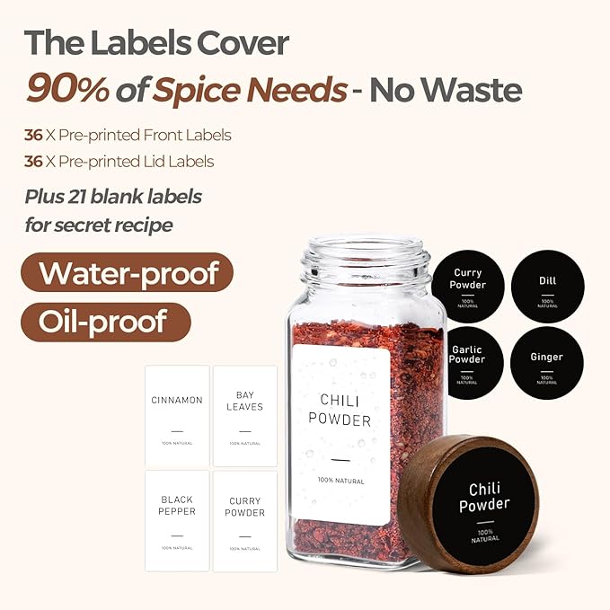 ComSaf Glass Spice Storage Jars with Acacia Wood Lids & Labels 4Oz 24Pack - Image 6