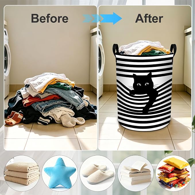 Black White Cat Laundry Basket Foldable Laundry Hamper With Handles Clothes Storage Bucket Organizer Laundry Bag For Bedroom Bathroom Laundry Storage 19.6 x 15.7 - Image 4