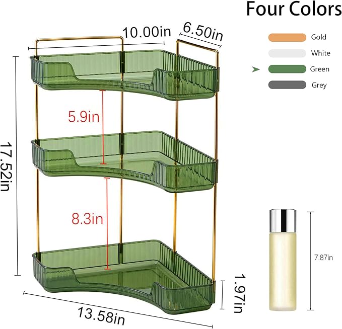 YCIA&DONE Corner Bathroom Counter Organizer, Makeup Organizer for Vanity, Skincare Cosmetic Perfume Tray, Corner Countertop Shelf Rack Storage for Bathroom Kitchen 3 Tiers (Vintage Green) - Image 4