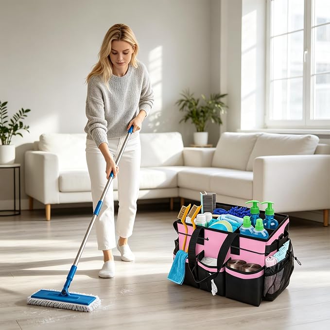 ALSLEA Large Cleaning Caddy Bag - 15" x 10.5" x 9" Heavy-Duty Organizer Tote for Housekeepers, Janitors & Home Cleaning Supplies with Adjustable Shoulder Strap & Multiple Pockets (Pink) - Image 2