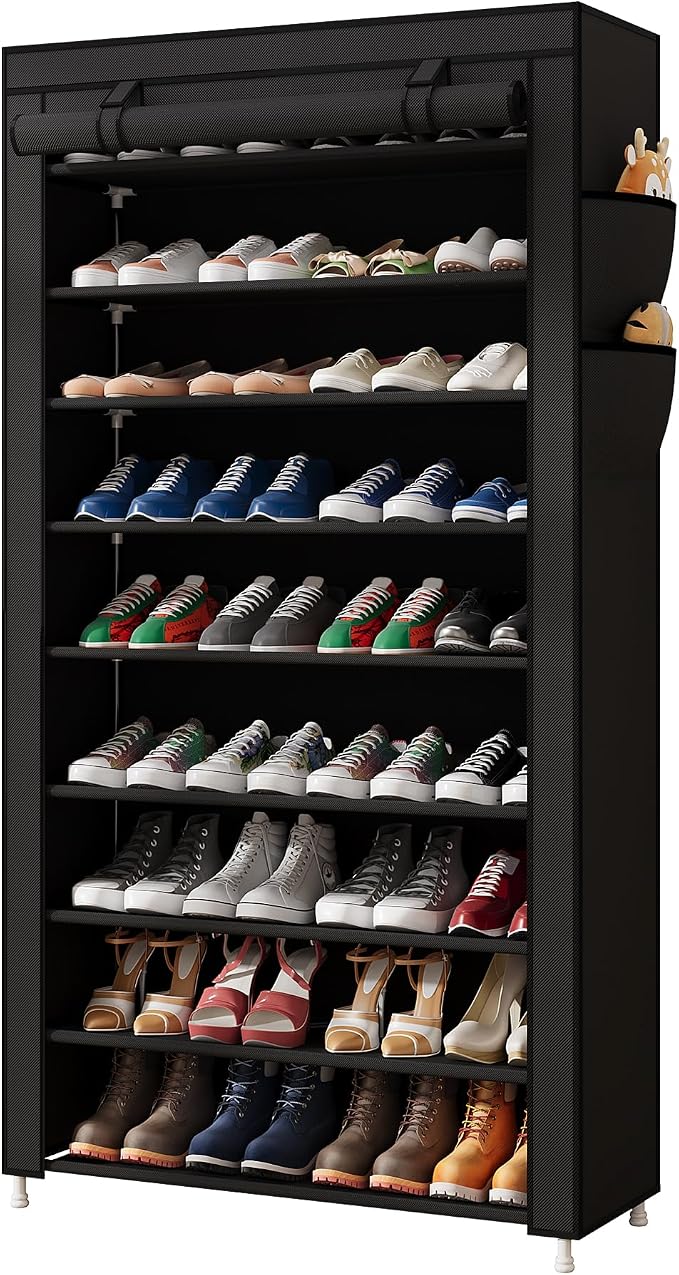 Laiensia 9-Tier Vertical Shoe Rack Organizer, Space Saving Shoe Storage Organizer, Non-Woven Cover Shoe Shelf Holds 36-45 Pairs for Bedroom, Hallway, Closet Entryway, Black by Laiensia