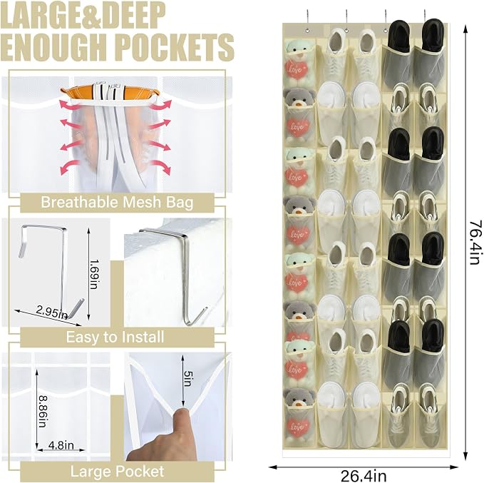Windyun 1 Pcs 40 Pocket Over the Door Shoe Organizer Hang,Beige - Image 2