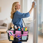 ZKOO Large Cleaning Caddy Bag with Handle, Built-in Sturdy Support Board, Adjustable Shoulder Strap, Multi-compartment Design Cleaning Supply Tote for Cleaners & Housekeepers (Pink) - Image 2