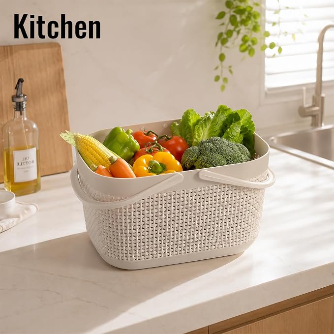 Plastic Portable Shower Caddy Basket, Storage Organizer with Handle, Beige - Image 4