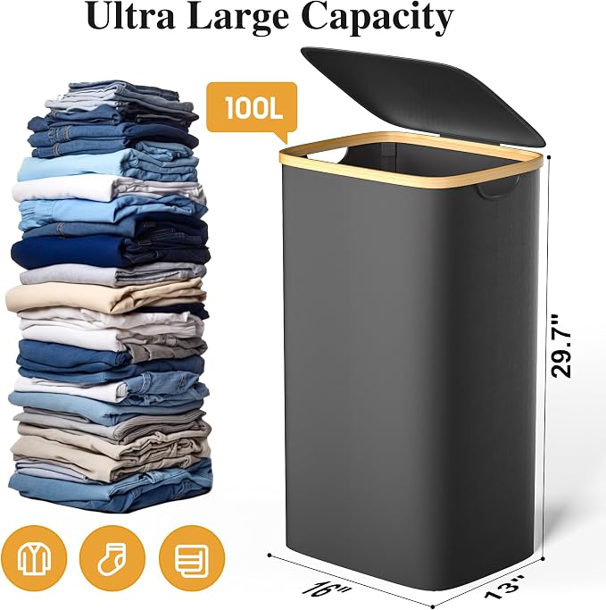 Foluck 100L Laundry Hamper with Lid Removable Bag and Bamboo Handles - Image 2