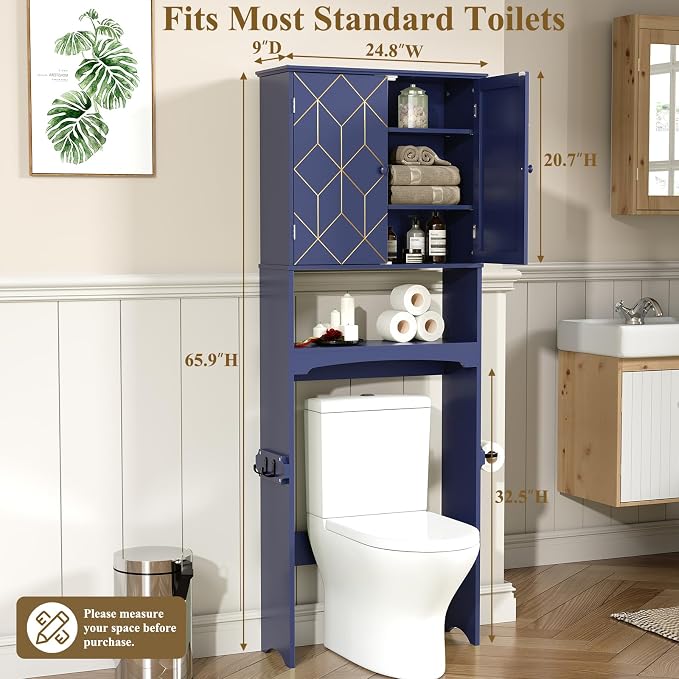 HLR Over The Toilet Storage Cabinet with Gold Trim, Over Toilet Bathroom Organizer with Adjustable Shelves and Toilet Paper Holder, Above Toilet Storage Cabinet Spacesaver for Bathroom (Blue) - Image 2