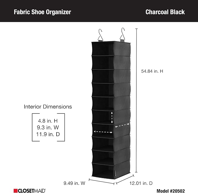 ClosetMaid 10-Shelf Fabric Hanging Shoe Storage Organizer for Closet, Charcoal Black - Image 6