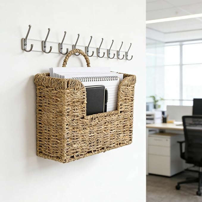 Hanging Magazine Basket, Woven Wall Magazine Holder Organizer with Handle for Mail, Files, Books - Water Hyacinth Farmhouse Storage Rack for Bathroom, Kitchen, Office (1, Sea Grass) - Image 3