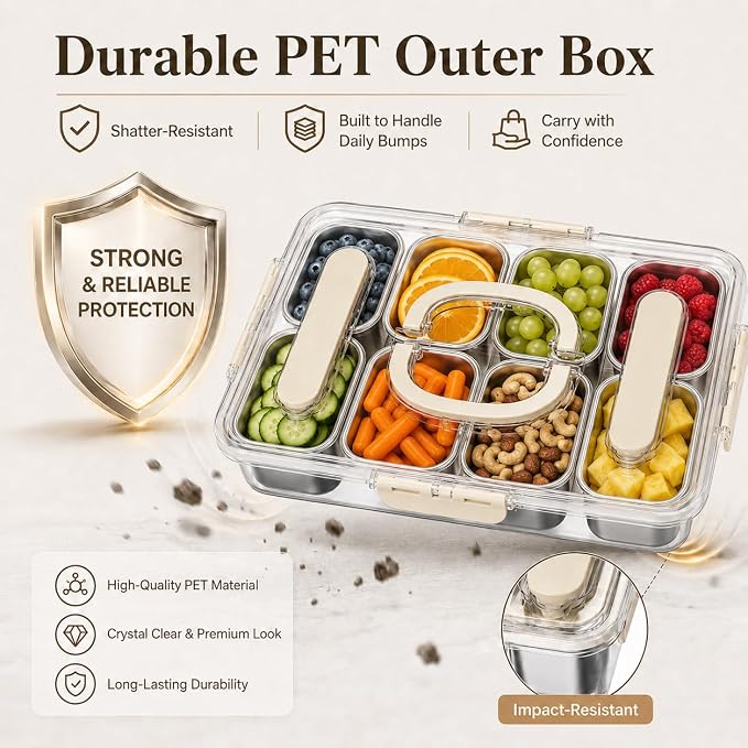 Ankou Snackle Box Container, Stainless Steel Divided Serving Tray with Lid, Handle and Forks - Image 2