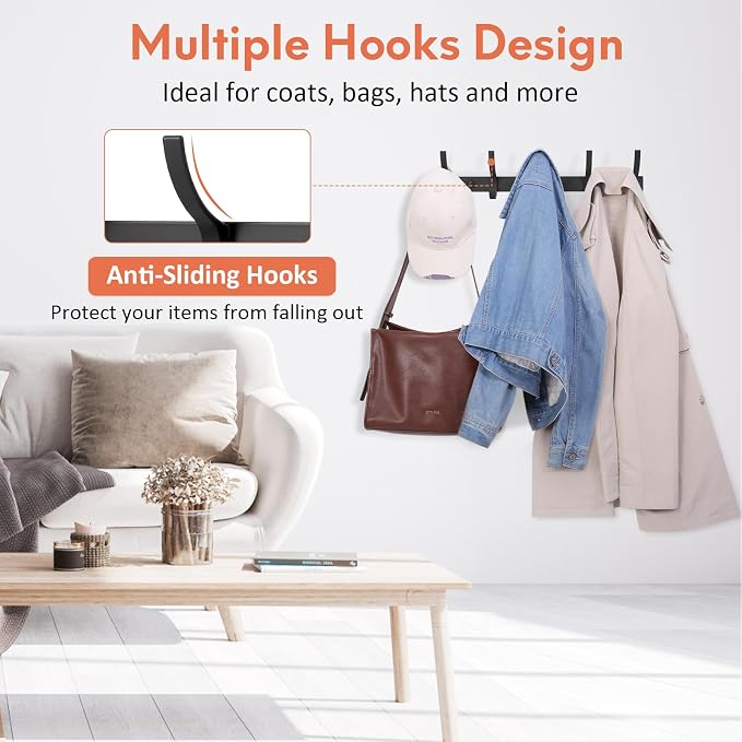 Optish Coat Rack Wall Mount, Coat Hook Wall Mount, Wall Hooks for Hanging, Hat Rack for Walls, Coats Hanger with 10 Hook, Towel Hooks for Bathrooms (1 Pack, Black) - Image 2