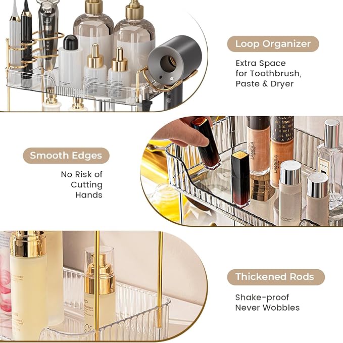 Aveniee Bathroom Counter Organizer,3 Tier Skincare Perfume Countertop Storage with Hair Dryer Rack and Toothbrush Holder, Cosmetic Makeup Tray for Vanity,Grey - Image 5
