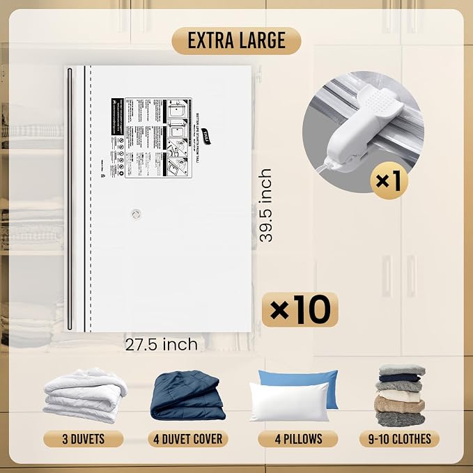 TAILI 10 Pack Vacuum Storage Bags, Jumbo LONG SIDE ZIP(39x28 inch), Clear - Image 3