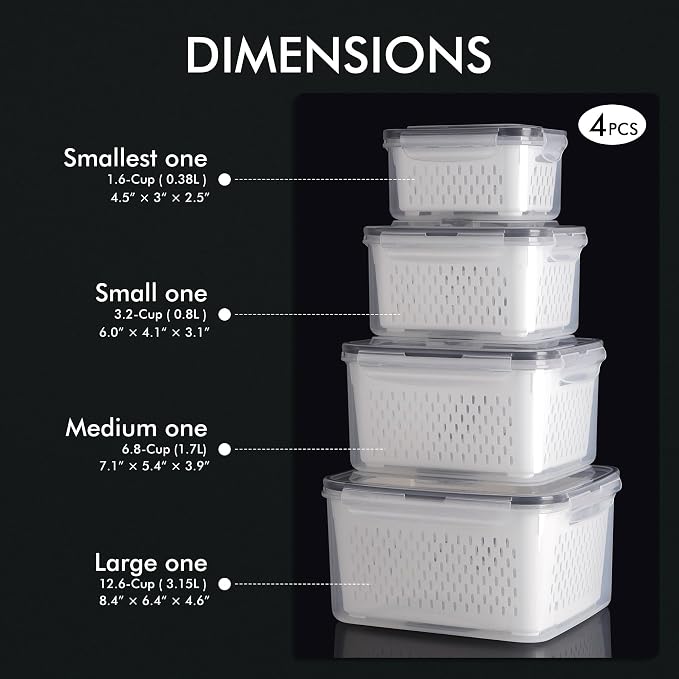 HOTEC 4-Pack Large Fruit Storage Container for Fridge Leak proof with Removable Colander, BPA Free Dishwasher & microwave safe Largest 3.15L - Image 2