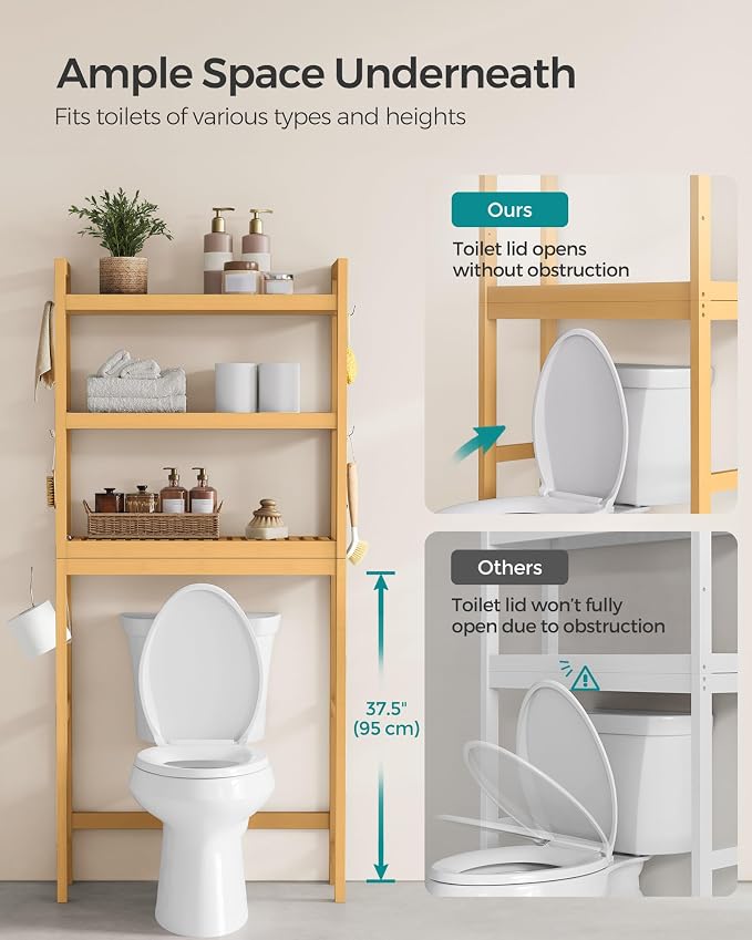 SONGMICS 3-Tier Bamboo Over The Toilet Storage, Adjustable Shelf, 66.9''H - Image 7