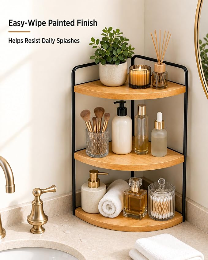 3-Tier Corner Bathroom Countertop Organizer, Solid Pine Wood Vanity Shelf - Image 2