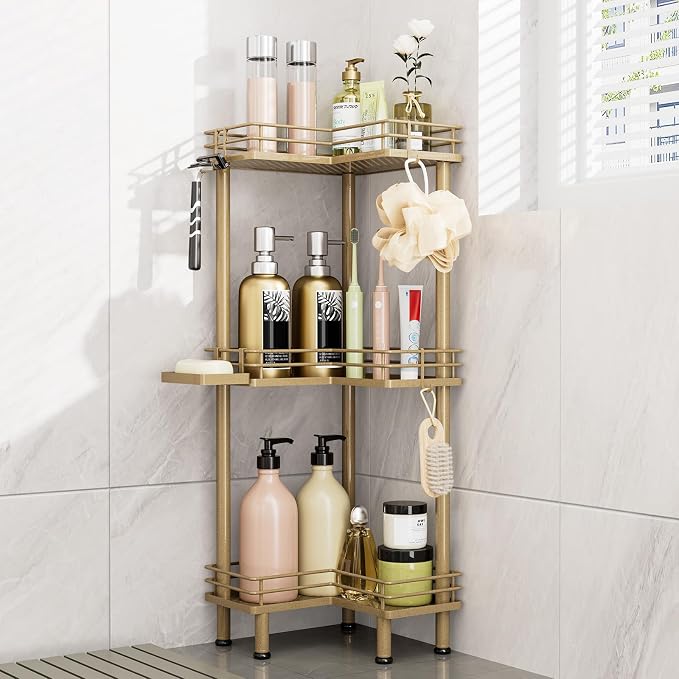 Consumest Corner Shower Caddy Standing - 3-Tier Stainless Steel Shower Organizer with Soap Holder and 4 Hooks, Large Capacity Corner Shelf Stand for Bathroom, Rest Room, Gold by Consumest